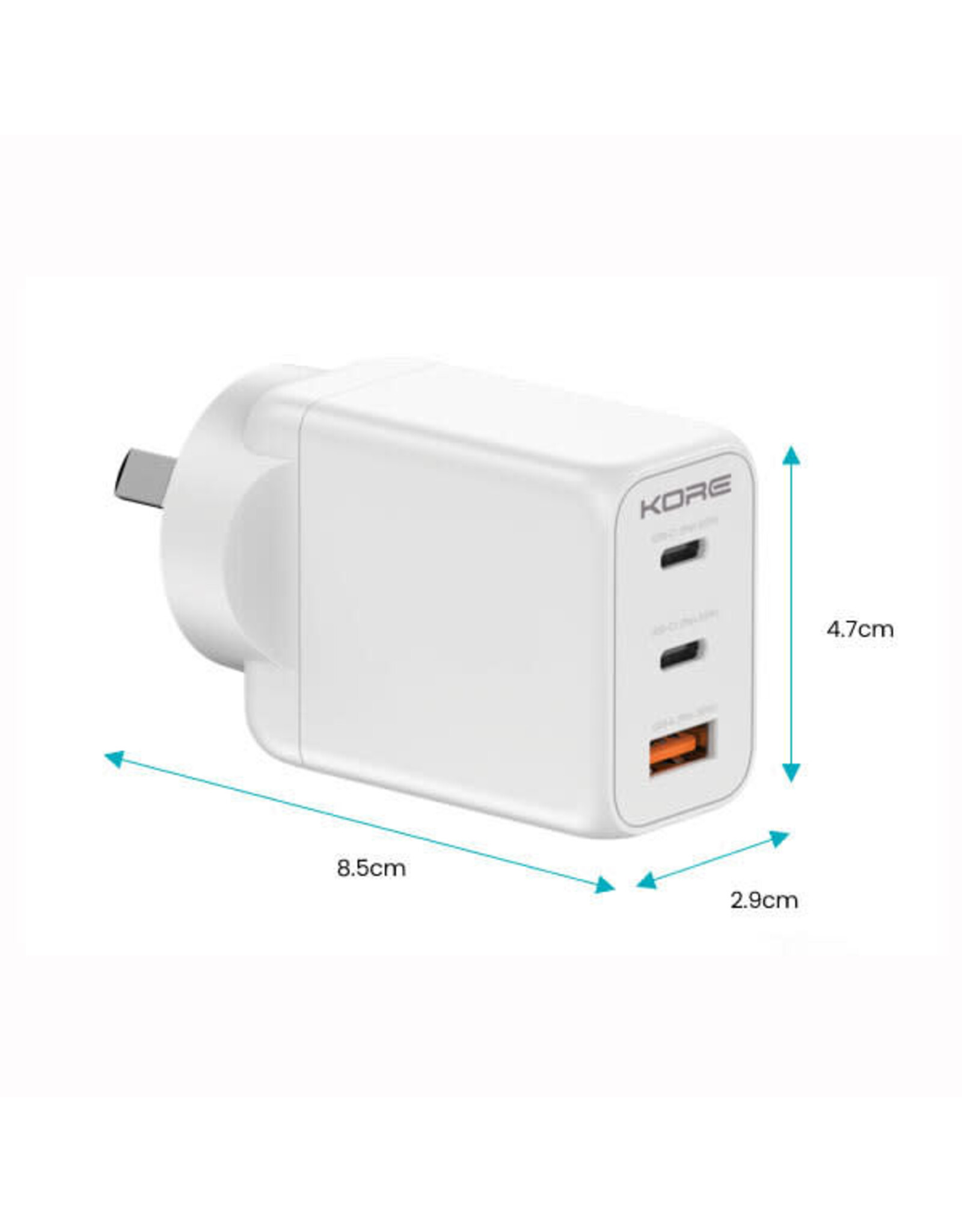 Kore Kore Wall Charger 65W 3 Port PD GaN - 2 x USB-C & 1 x USB-A - White