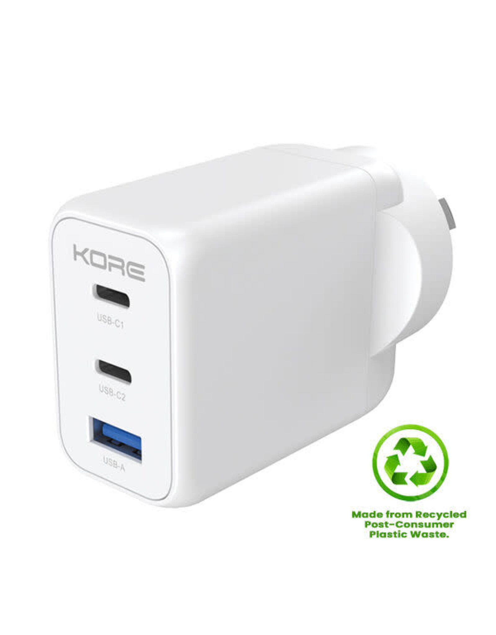 Kore Kore Wall Charger 65W 3 Port PD GaN - 2 x USB-C & 1 x USB-A - White