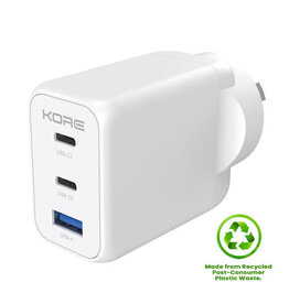 Kore Kore Wall Charger 65W 3 Port PD GaN - 2 x USB-C & 1 x USB-A - White