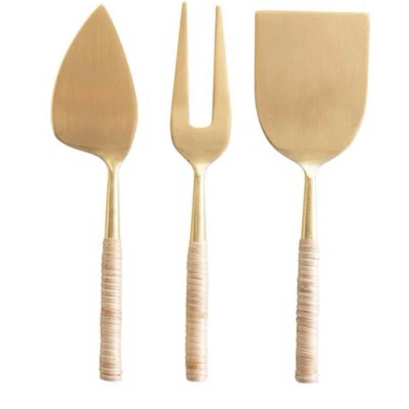 Set of 3 Gold Finish Cheese Servers w/ Woven Rattan Handles