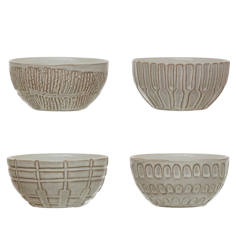 Debossed Stoneware Bowl, Set of 4, Each Vary