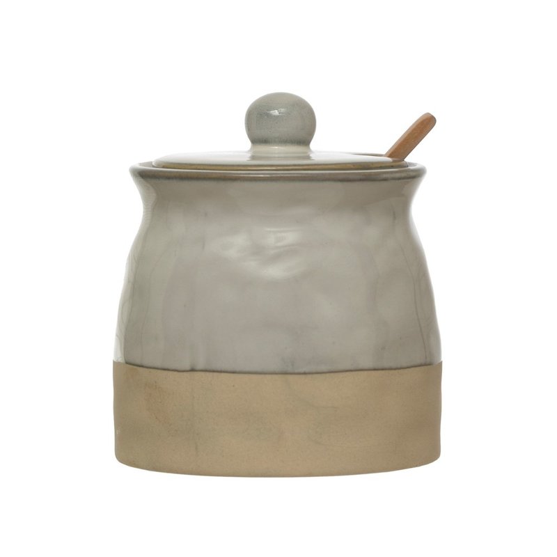 Stoneware Sugar Pot with Lid & Wood Spoon, Reactive Glaze