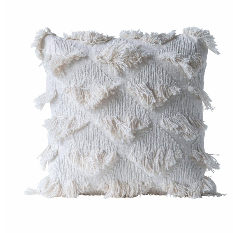 Square Cotton Woven Pillow w/ Eyelash Fringe