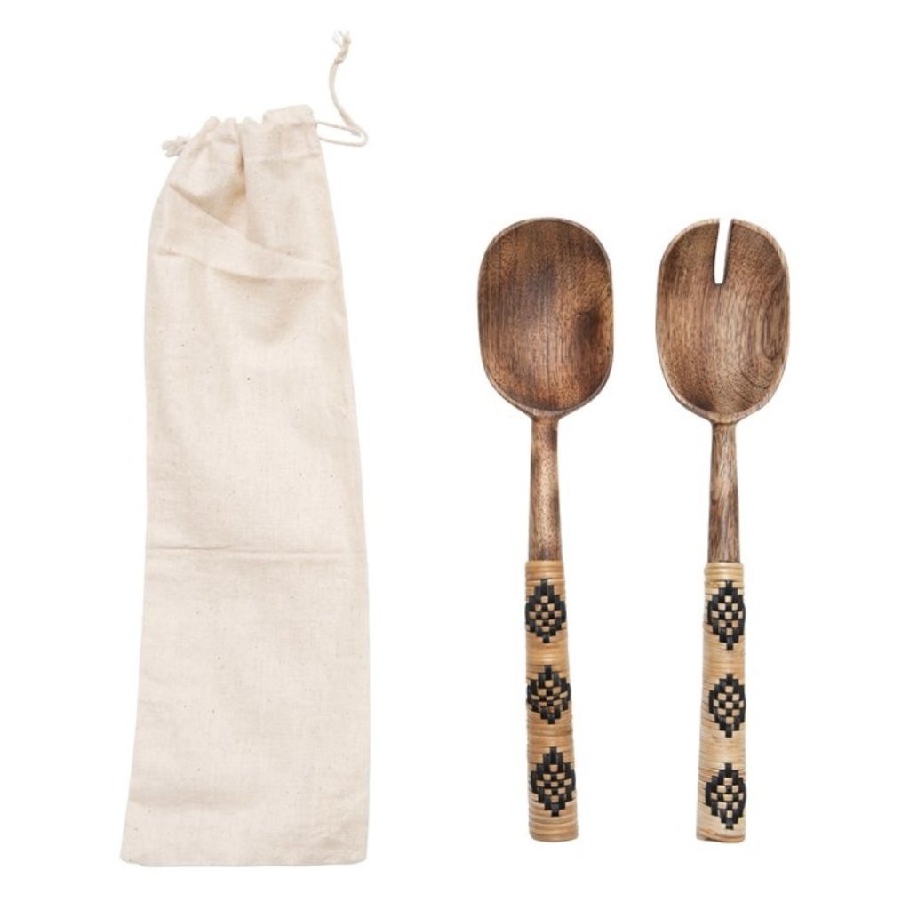 Mango Wood Salad Servers with Patterned Rattan Wrapped Handles, Set of 2 in Drawstring Bag