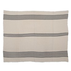 Woven Cotton Double Cloth Stitched Throw with Stripes & Frayed Edges, Cream Color & Black