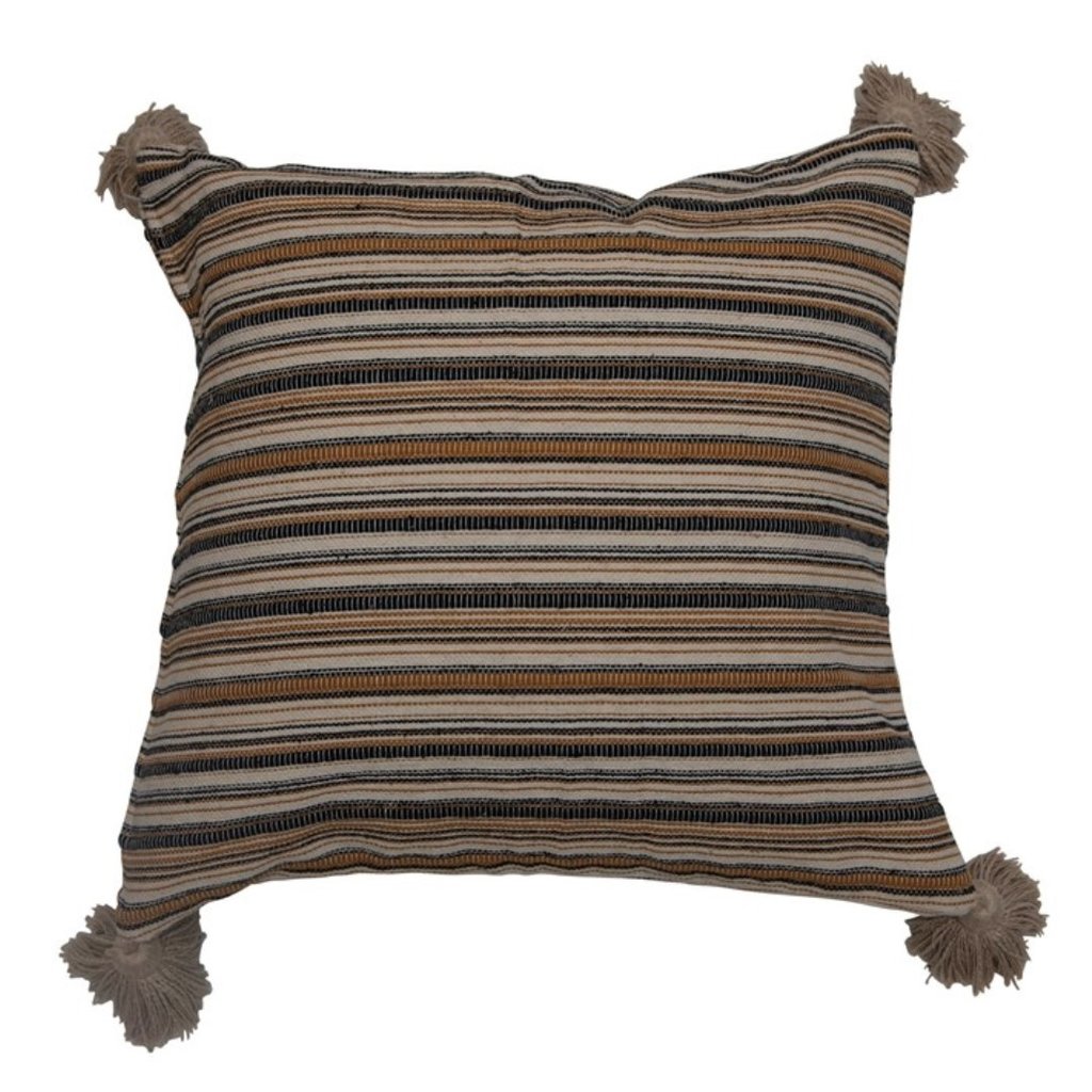 Square Woven Cotton Pillow with Stripes & Tassels, Multi Color