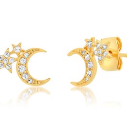 Tai Gold clear CZ - half moon and double star cluster earrings