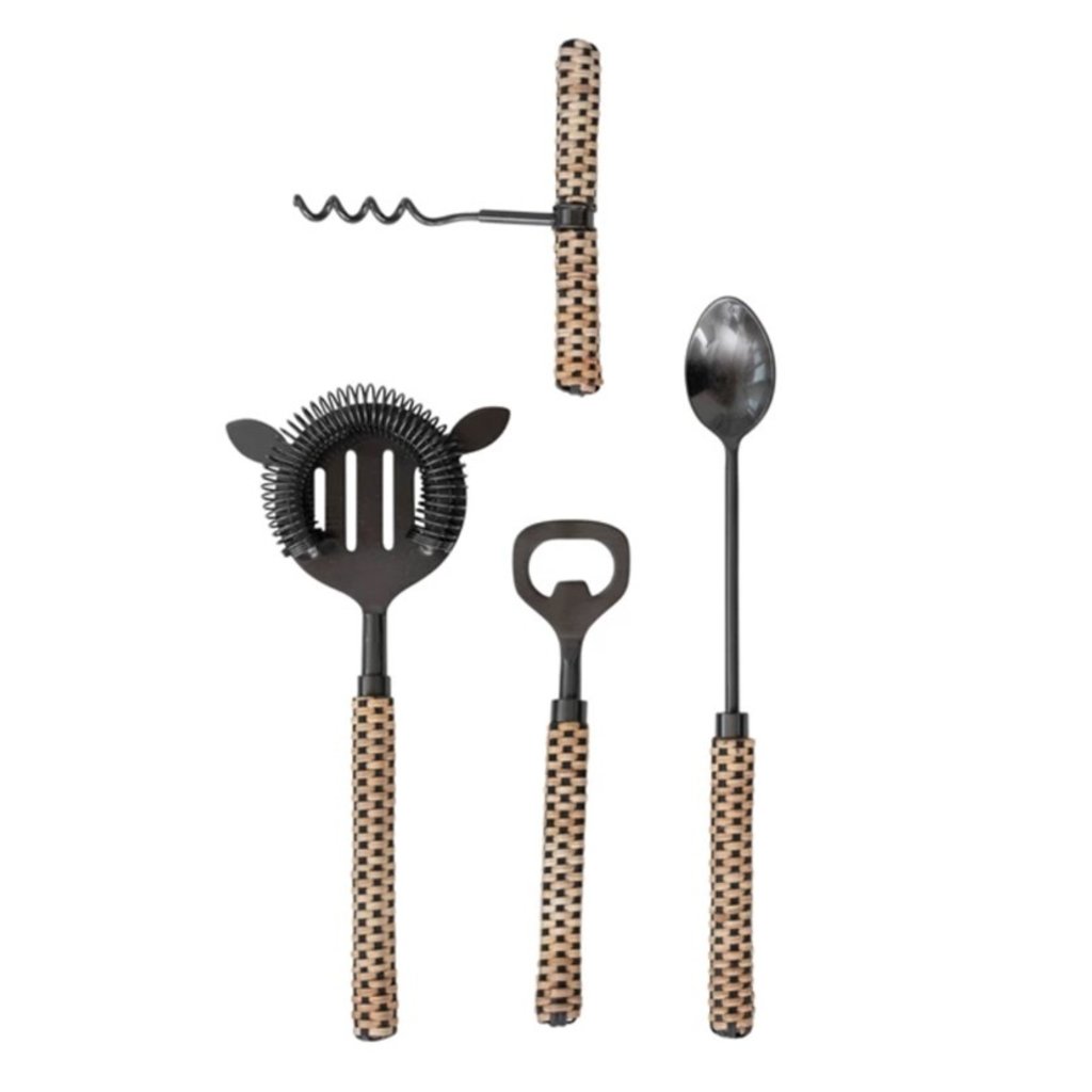 Stainless Steel Bar Tools with Rattan Wrapped Handles Main St Mercantile