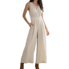 WASHED LINEN COTTON SLEEVELESS JUMPSUIT WITH WIDE LEG PANT