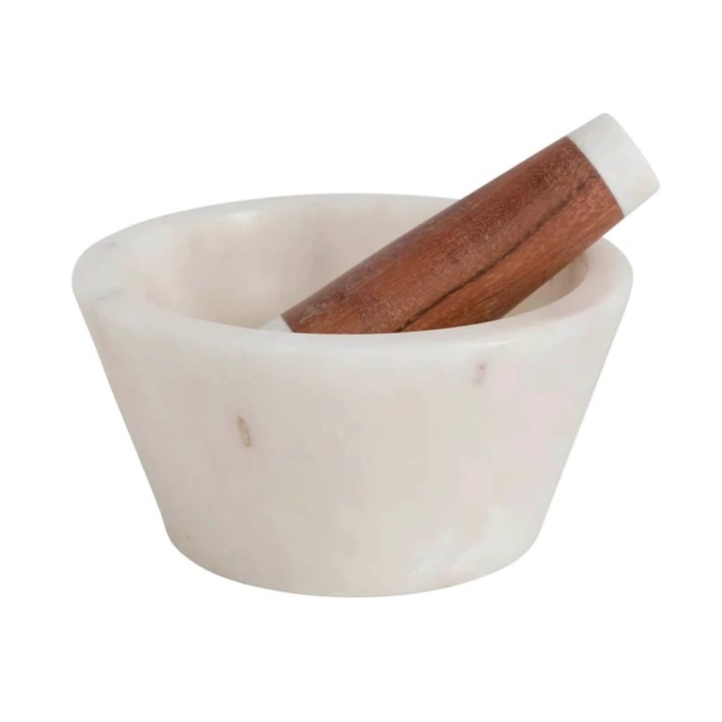 Marble and Acacia Wood Mortar and Pestle, Set of 2