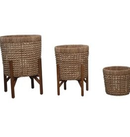 3 Hand-Woven Planters with 2 Wood Stands