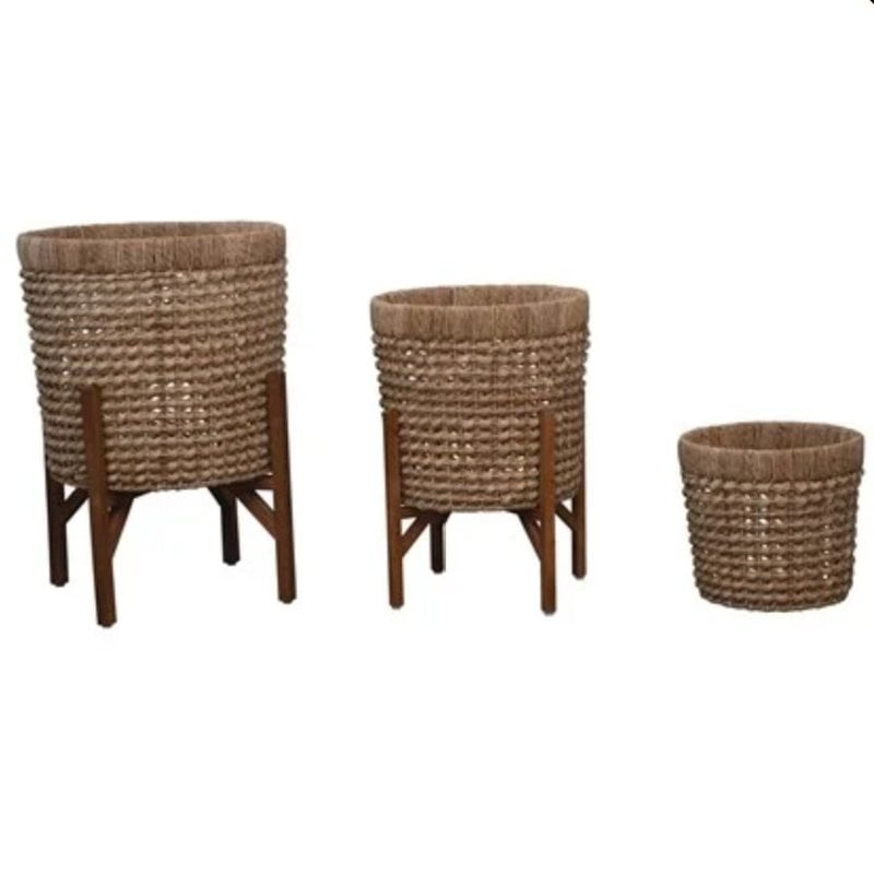 3 Hand-Woven Planters with 2 Wood Stands