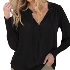 Silky Crepe L/S Blouse w Smocking Details and Neckline Ruffle