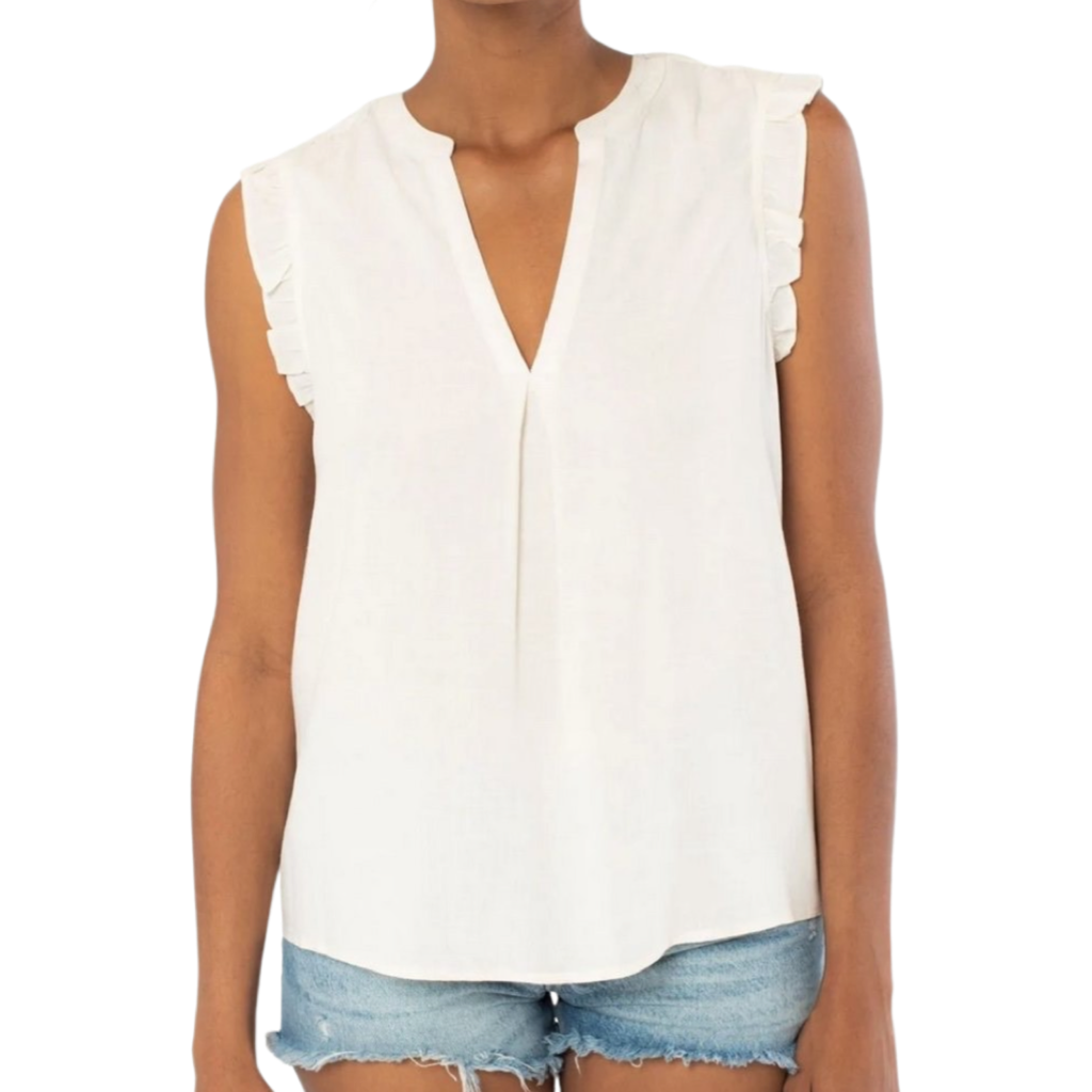 V Neck S/S Ruffle Top Natural