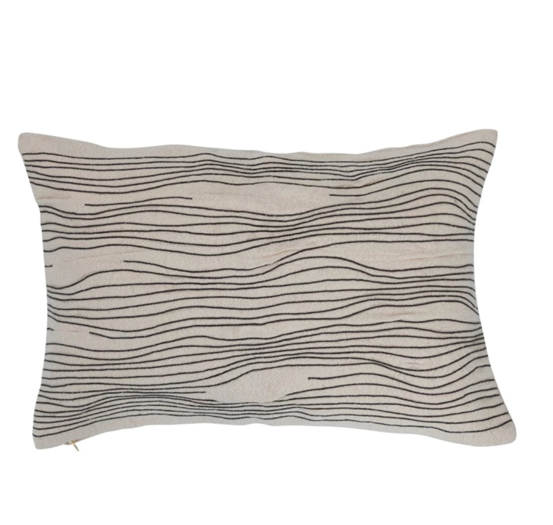 Cotton & Jute Lumbar Pillow w Embroidered Lines Main St Mercantile