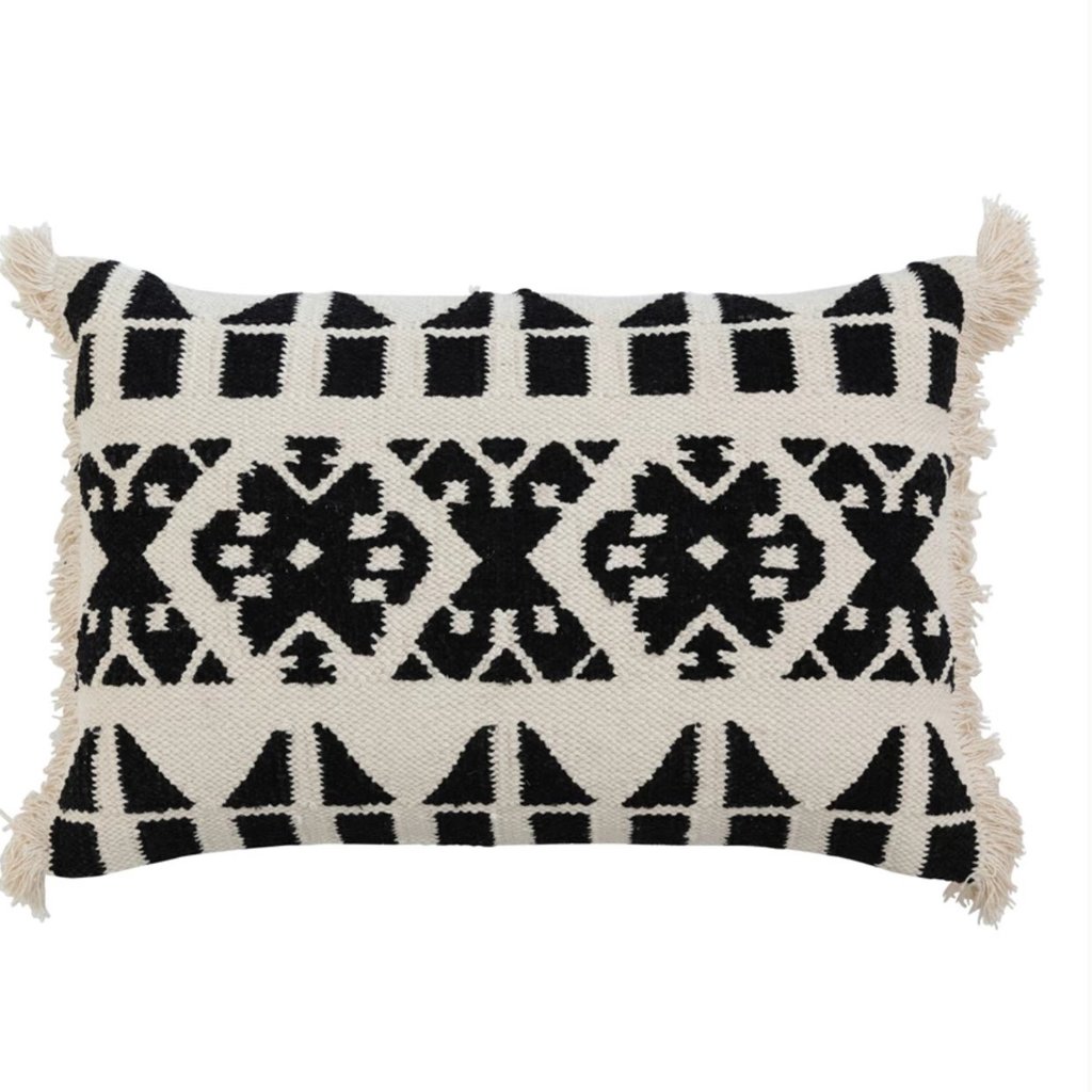 24" x 16" H&-Woven Cotton Kilim Lumbar Pillow w/ Pattern & Fringe, Polyester Fill