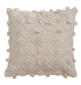 20" Cotton Slub Pillow w/ Diamond Embroidery, Tufting & Fringe, Down Fill