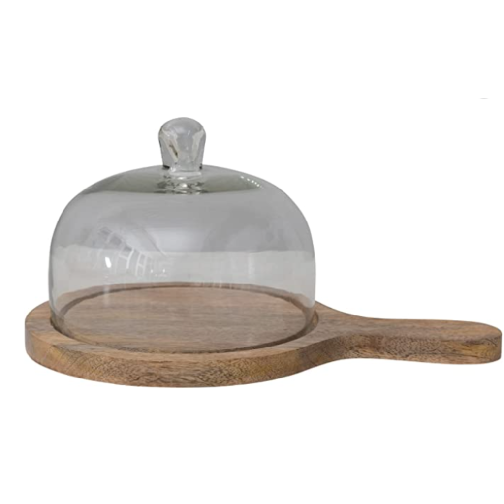 Mango Wood Serving Tray w Glass Cloche & Handle