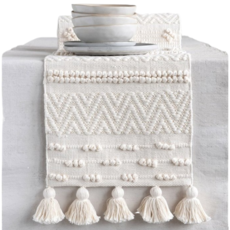 Woven Cotton Textured Table Runner w/ Pom Poms & Tassels