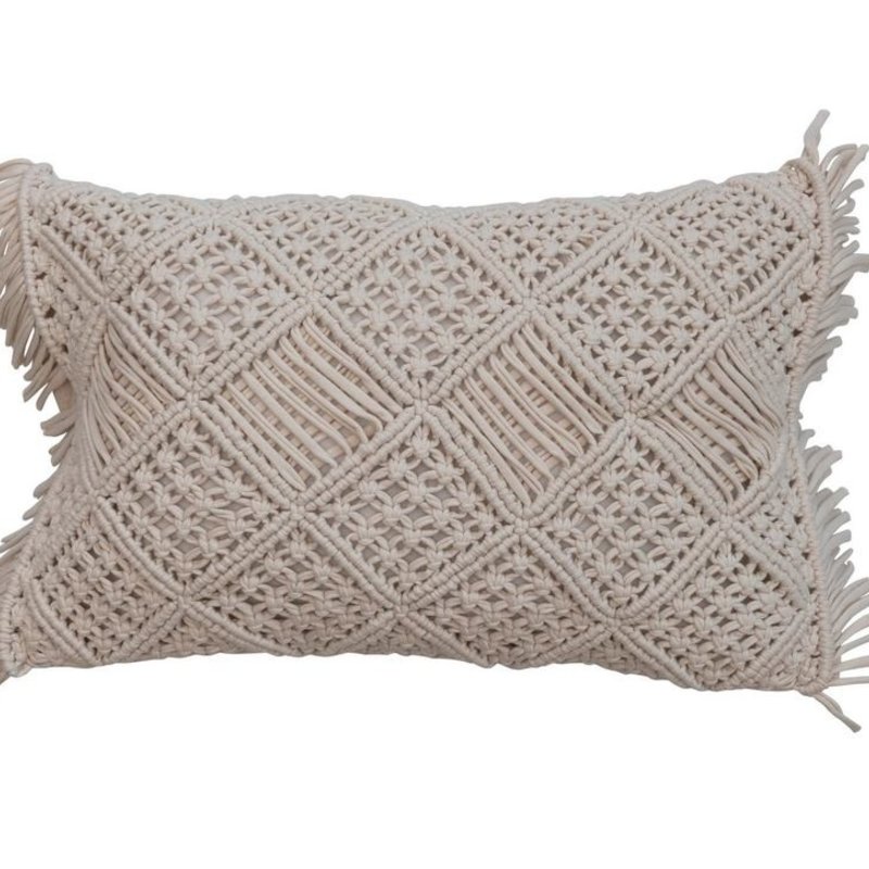 Cotton Macrame Lumbar Pillow w Fringe