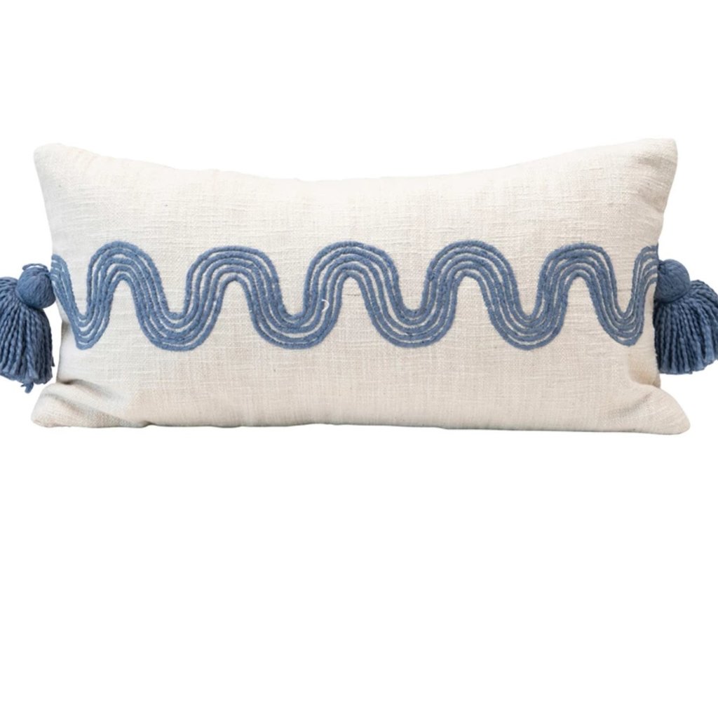 Cotton Lumbar Pillow w Embroidered Curved Pattern & Tassels