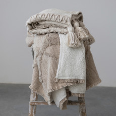 Woven Cotton Throw w Embroidery & Oversized Tassels