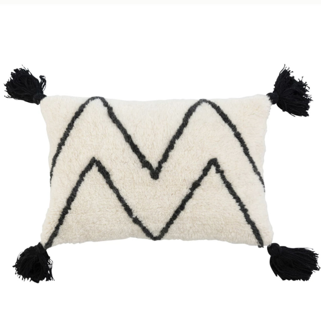 Wool Blend Tufted Lumbar Pillow w Chevron & Tassels