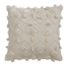 20" Cotton Slub Pillow w Diamond Embroidery & Fringe