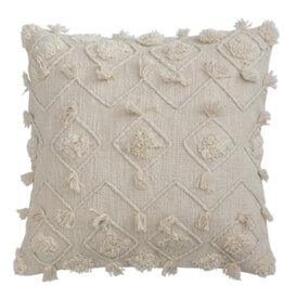 20" Cotton Slub Pillow w Diamond Embroidery & Fringe