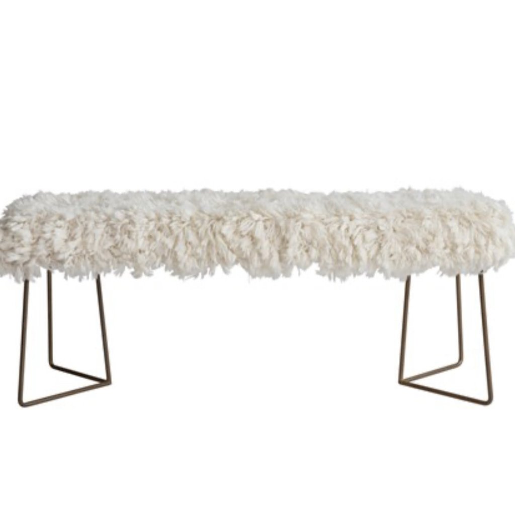 New Zealand Wool Shag Bench w Antique Gold Finish Metal Legs