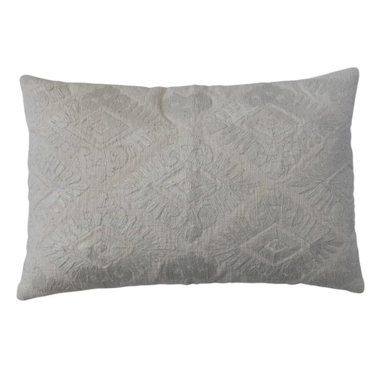 Cotton Slub Embroidered Lumbar Pillow w/ Pattern & Chambray Back, Polyester Fill