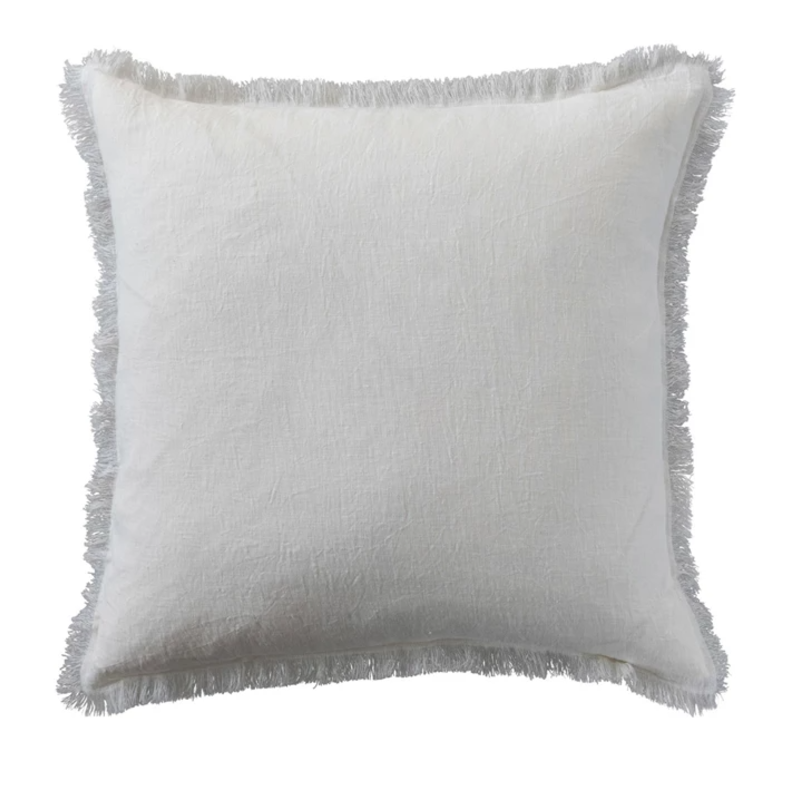 20" Square Stonewashed Linen Pillow w/ Fringe, Ivory