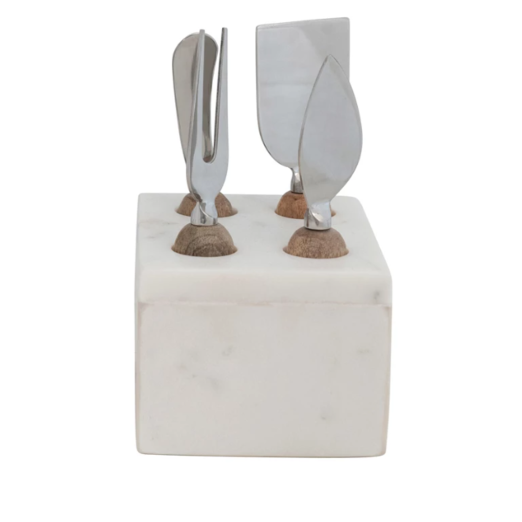 Stainless Steel Cheese Servers w/ Mango Wood Handles & Marble Stand, White & Natural