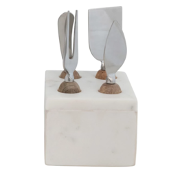 Stainless Steel Cheese Servers w/ Mango Wood Handles & Marble Stand, White & Natural