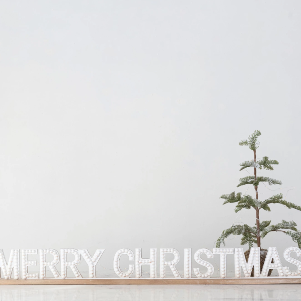 54"L x 6"H Fir Wood Hobnail Mantel Sign "Merry Christmas", White & Natural