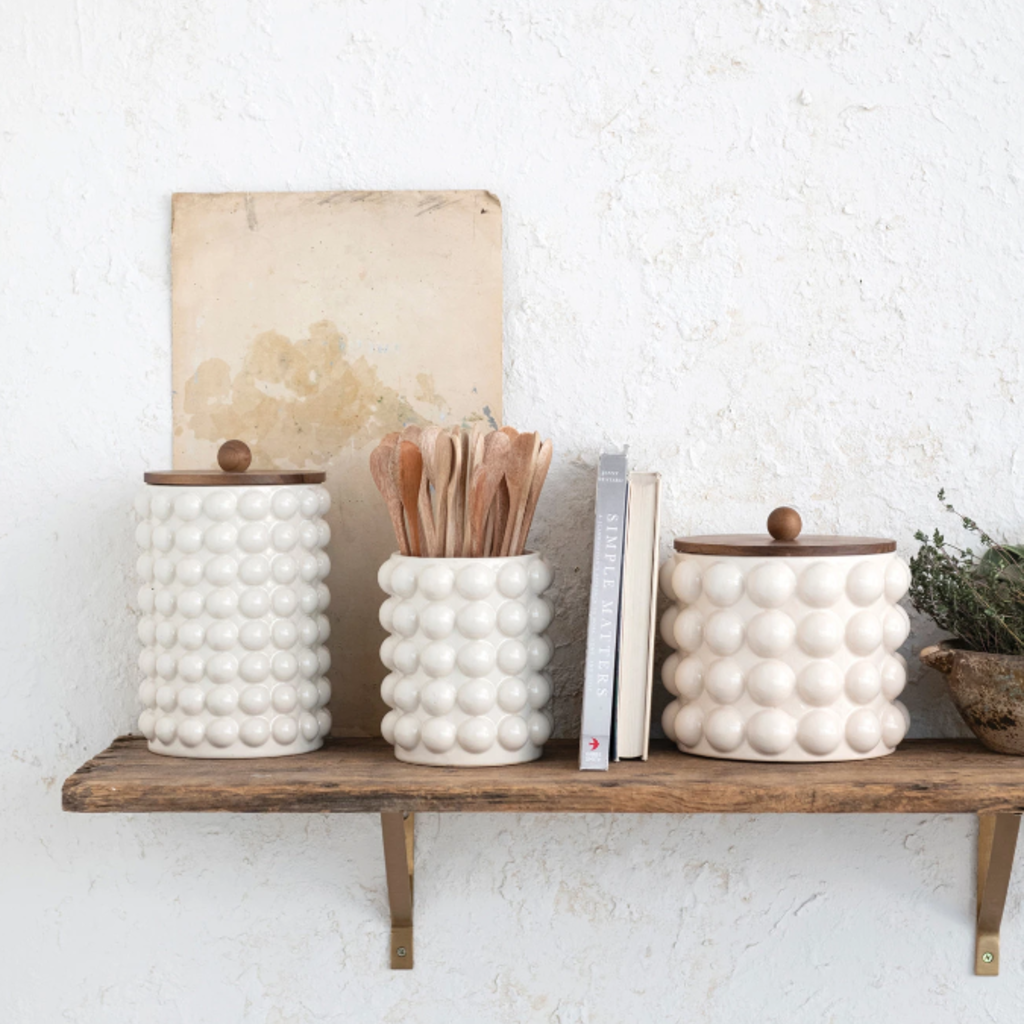 Stoneware Canister w/ Raised Dots & Acacia Wood Lid Large