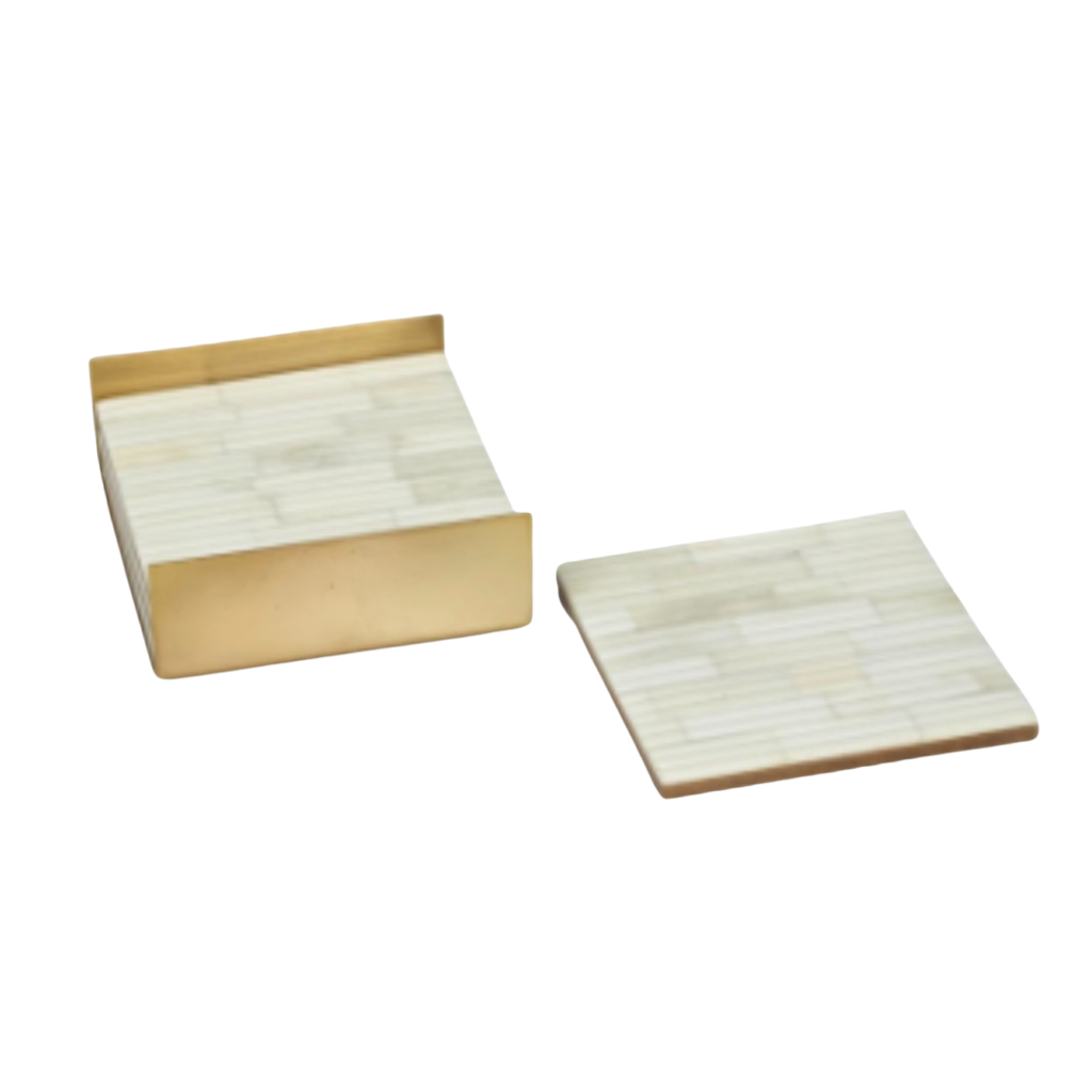 White Ribbed Bone Coasters Set of 4 in Metal Tray