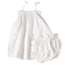 Viverano Camille White Schiffli Smocked Shoulder Tie Baby Dress + Bloomer