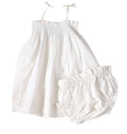 Viverano Camille White Schiffli Smocked Shoulder Tie Baby Dress + Bloomer