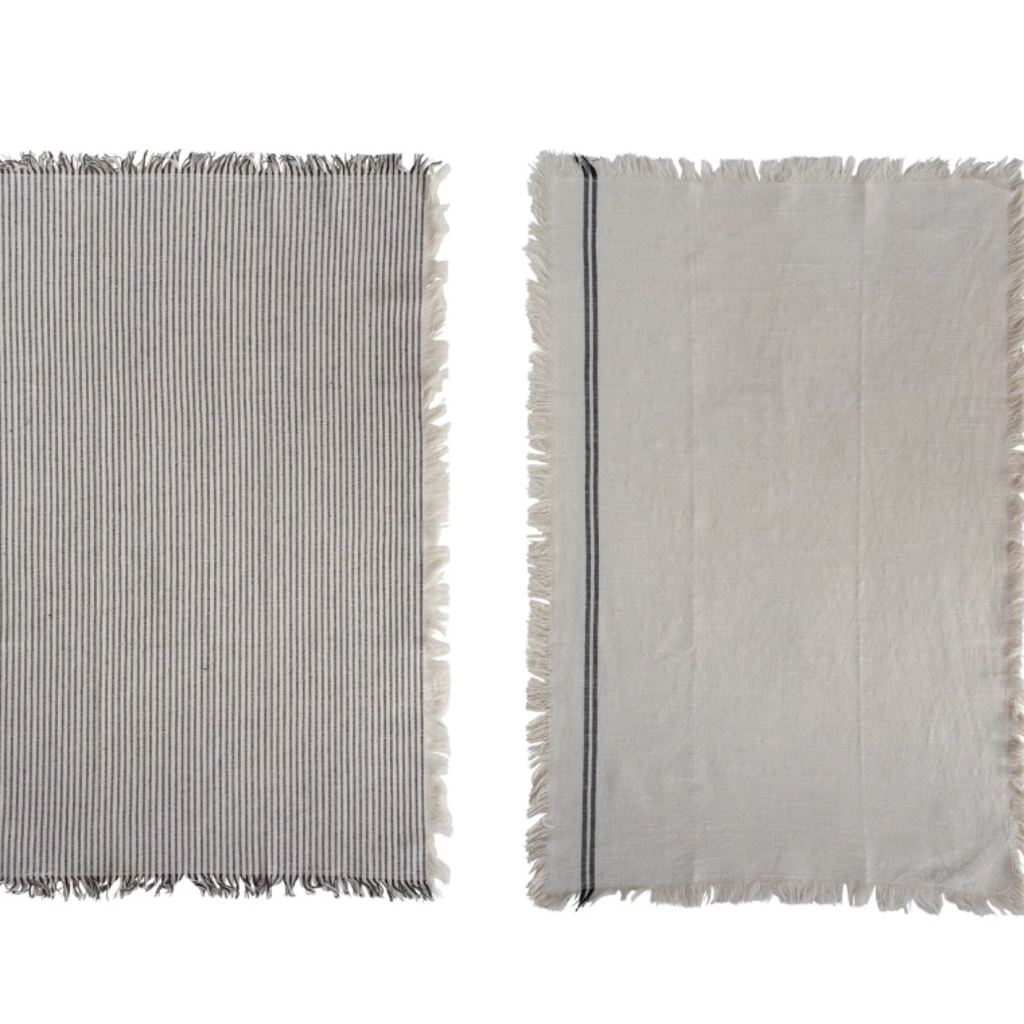 Woven Cotton Tea Towels w/ Stripes & Fringe, Set of 2