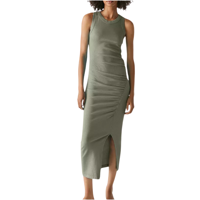 TALA SLEEVELESS SHIRRED SEAM MIDI DRESS OLIVE