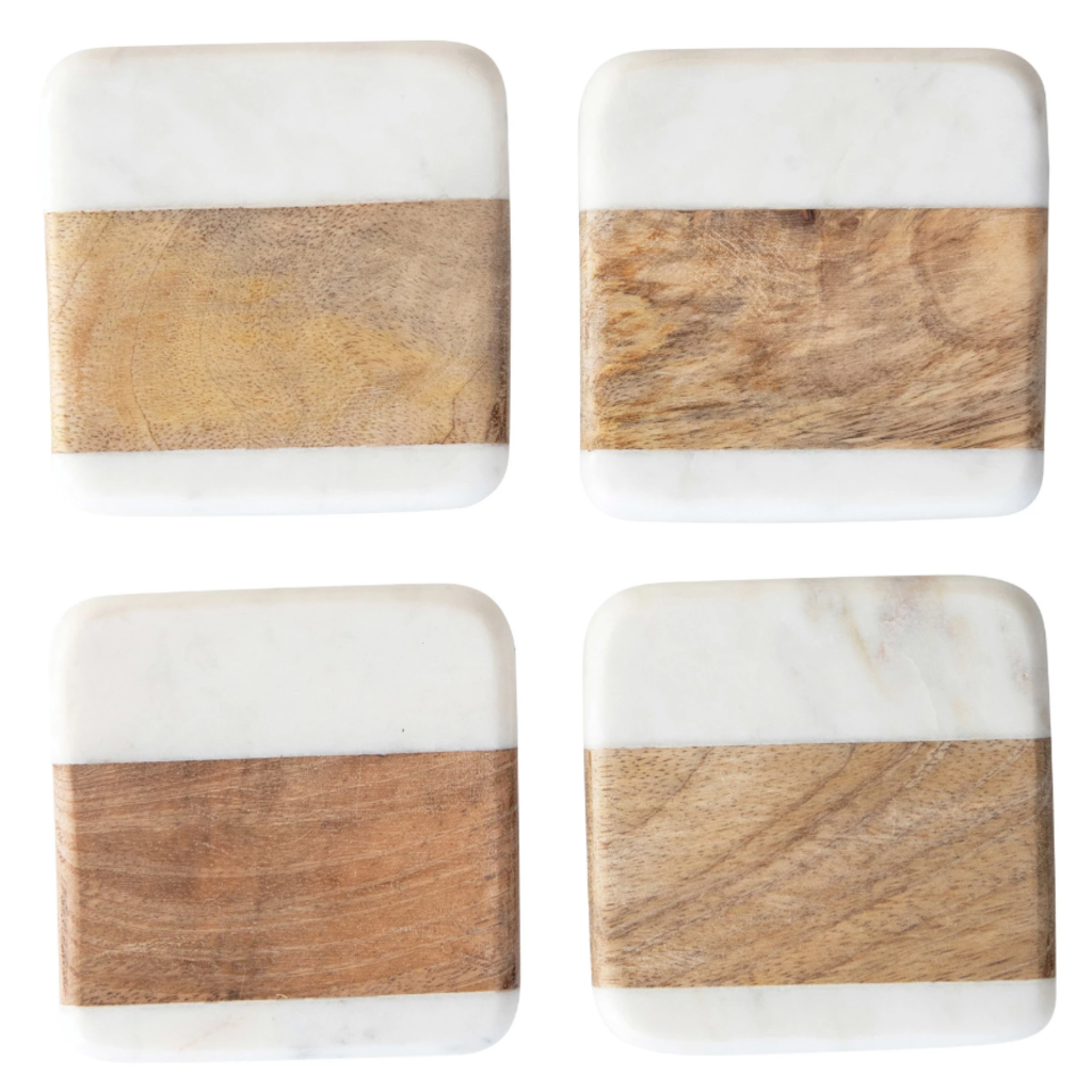4" Square Marble & Acacia Wood Coasters, White & Natural, Set of 4