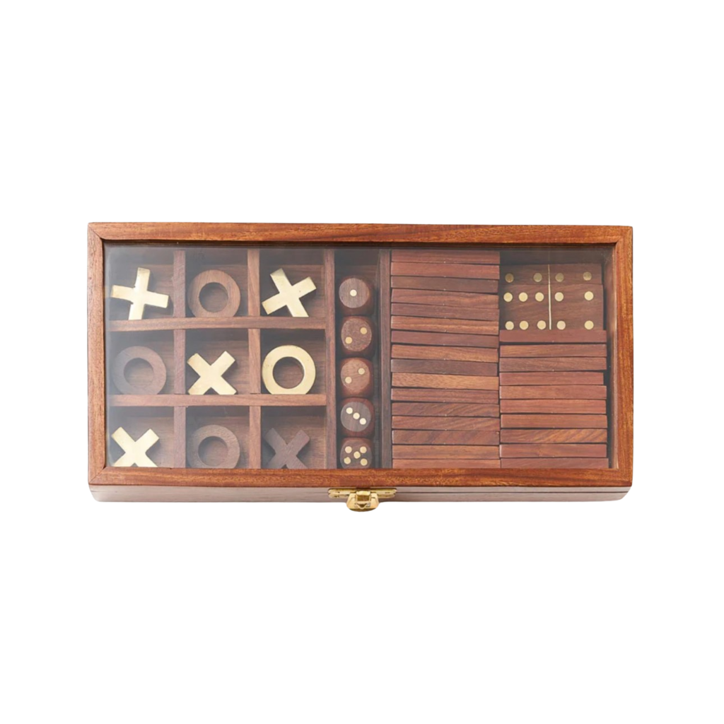 Matr Boomie 3-in-1 Game Set Dice, Dominoes, Tic Tac Toe - Handcrafted Wood