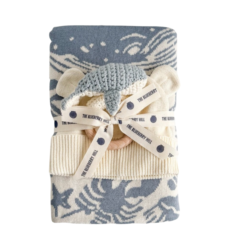 The Blueberry Hill Nautical Baby Gift Set, Whale Cotton Blanket, Teether, Hat