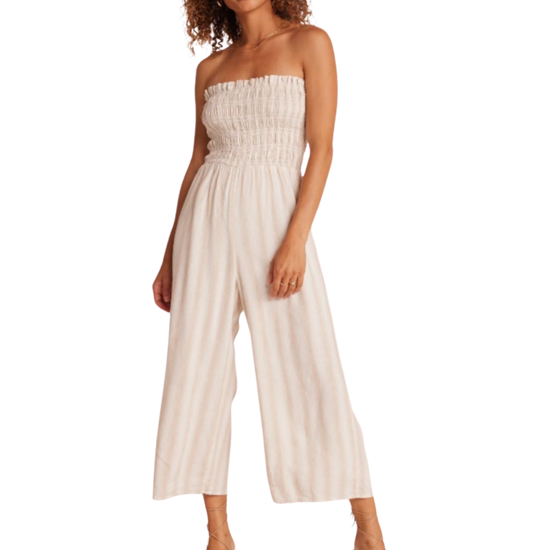 SMOCKED STRAPLESS JUMPSUIT PLAYA SAND STRIPE