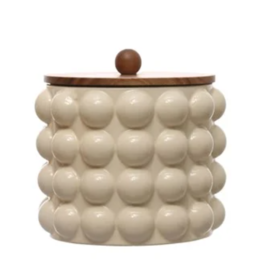 Stoneware Canister w/ Raised Dots & Acacia Wood Lid & Natural