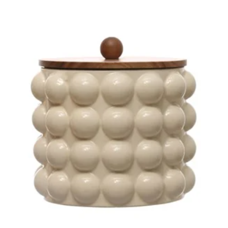 Stoneware Canister w/ Raised Dots & Acacia Wood Lid & Natural