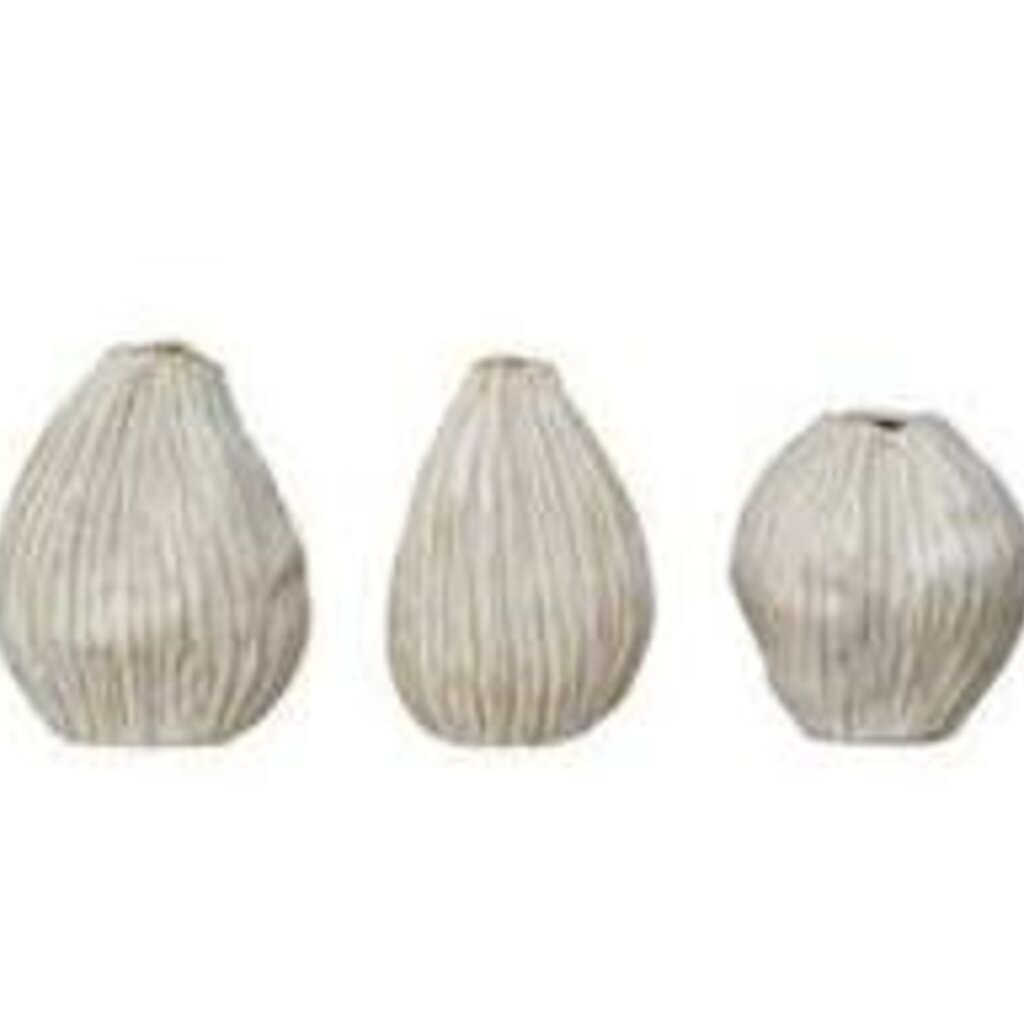 S/3 3-1/4"Lx4-1/4"H Stoneware Vases w Debossed Lines, White