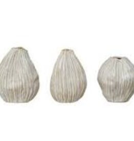 S/3 3-1/4"Lx4-1/4"H Stoneware Vases w Debossed Lines, White