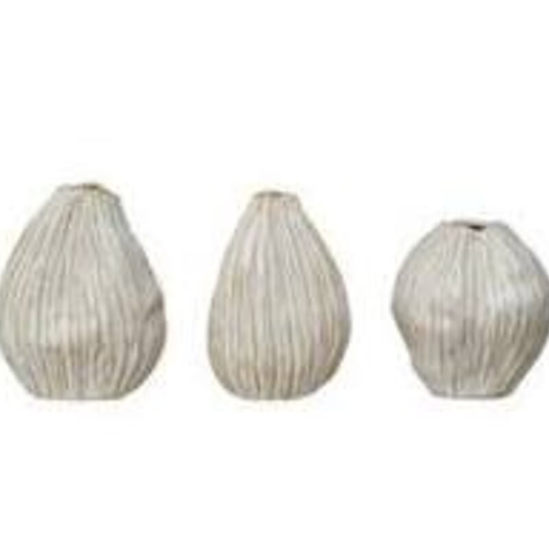 S/3 3-1/4"Lx4-1/4"H Stoneware Vases w Debossed Lines, White